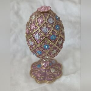 Vintage Decorative Enamel Pink and Gold Egg Trinket Box with Floral Accents